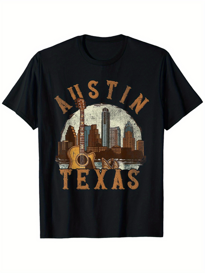 Men's Graphic T-Shirt Austin Texas Vintage Guitar With Sunlit Skyline And City Architecture