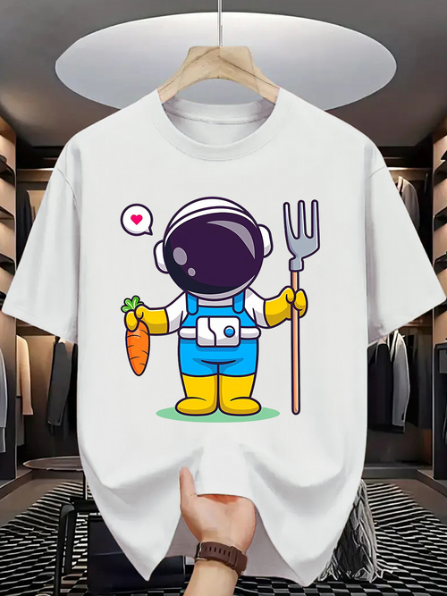 Men's Graphic T-Shirt Cartoon Astronaut Farmer Holding Carrot With Love Heart Symbol