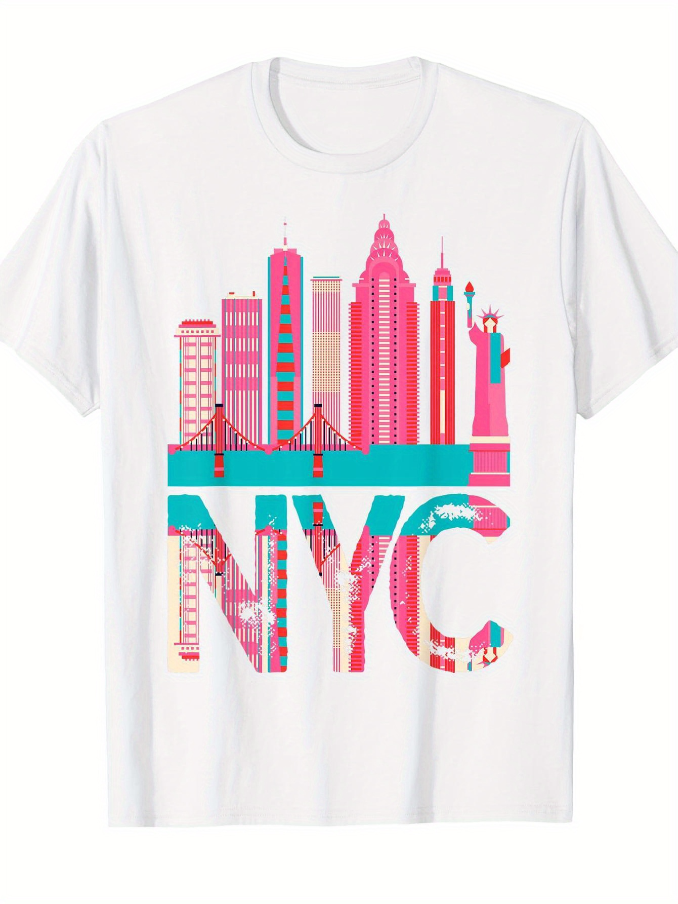 Men's Graphic T-Shirt NYC Colorful Urban Skyline With Iconic Landmarks And Skyscraper Silhouettes