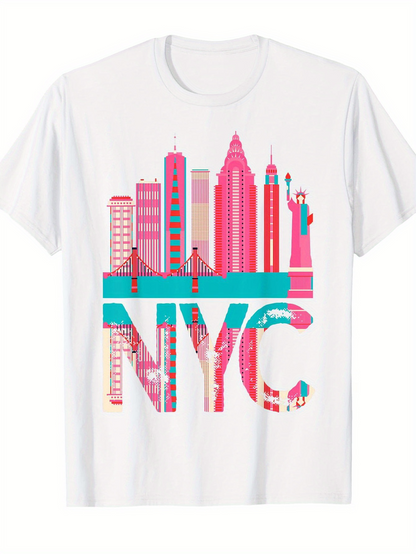 Men's Graphic T-Shirt NYC Colorful Urban Skyline With Iconic Landmarks And Skyscraper Silhouettes