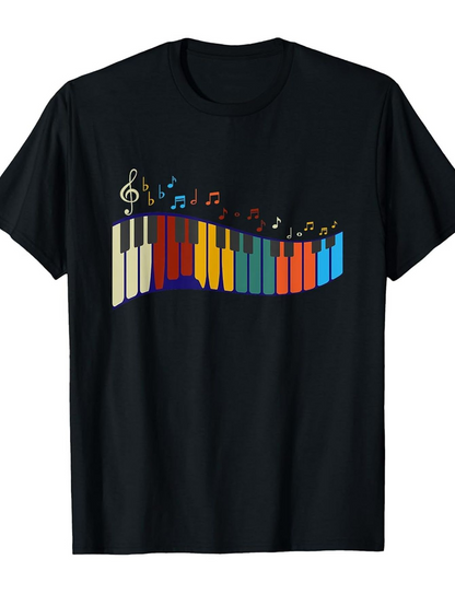 Men's Graphic T-Shirt Colorful Music Notes Flowing Above Vibrant Piano Keys