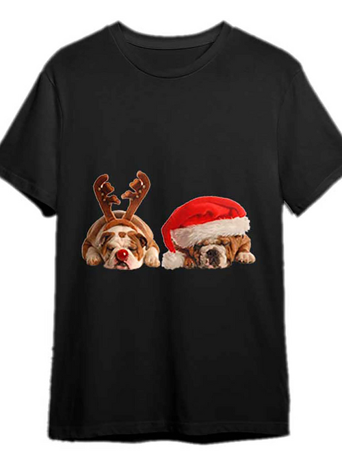 Men's Graphic T-Shirt Playful Dogs With Reindeer Antlers And Santa Hat Resting