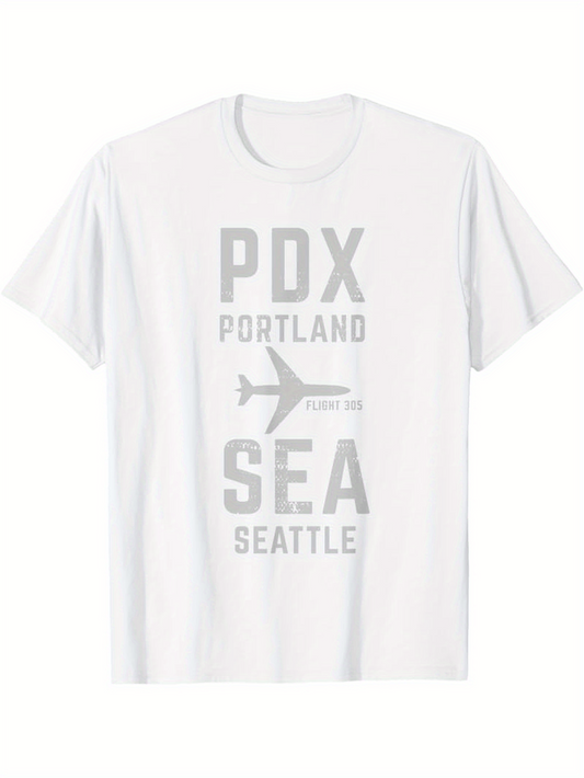 Men's Graphic T-Shirt PDX Portland SEA Seattle In Flight Path With Airplane Graphic