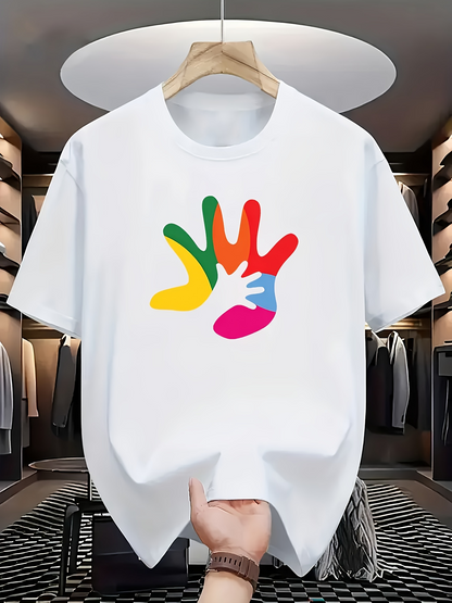 Men's Graphic T-Shirt Colorful Intertwined Hands With Overlapping Bright Painted Handprint
