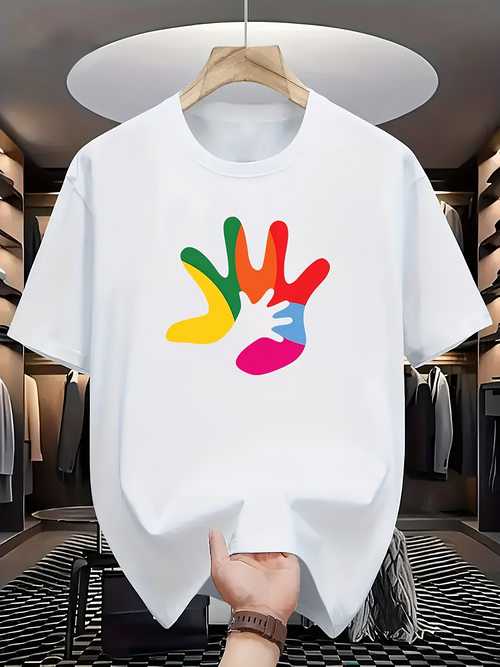 Men's Graphic T-Shirt Colorful Intertwined Hands With Overlapping Bright Painted Handprint
