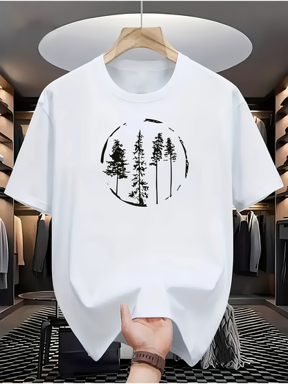 Men's Graphic T-Shirt Minimalist Bold Ink Circle With Tall Pine Trees Forest