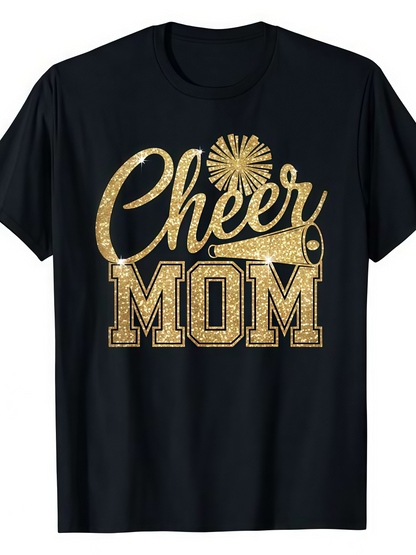 Men's Graphic T-Shirt Cheer Mom Golden Glitter Lettering With Pom Pom And Megaphone Cheerleading