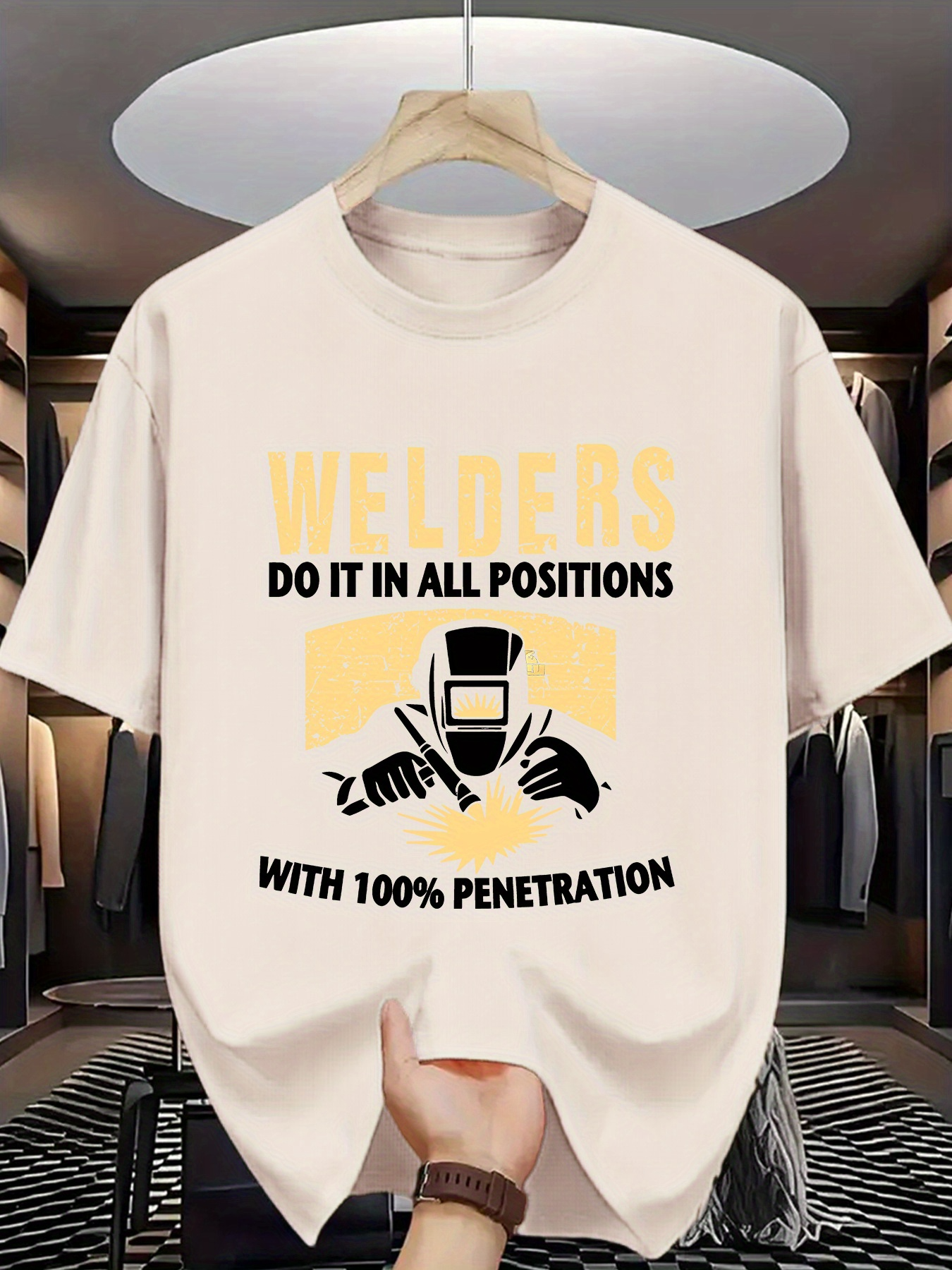 Men's Graphic T-Shirt Welders Working In All Positions Under Bright Yellow Graphic Helmet