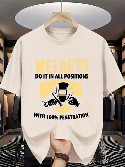 Men's Graphic T-Shirt Welders Working In All Positions Under Bright Yellow Graphic Helmet