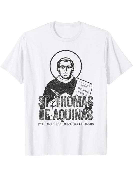 Men's Graphic T-Shirt Saint Portrait With Ancient Book Surrounded By Halo Thomas Aquinas