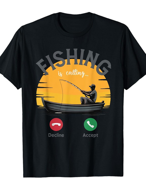 Men's Graphic T-Shirt Fishing Is Calling Silhouette Boat With Orange Sunset And Phone Icons Fisherman