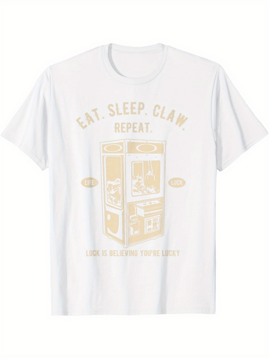 Men's Graphic T-Shirt Eat Sleep Claw Repeat With Line Drawing Of Arcade Machine