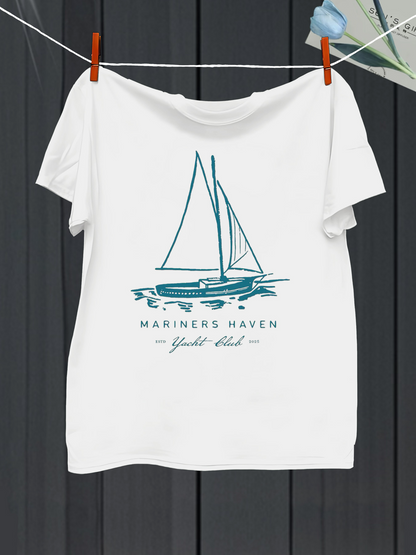 Men's Graphic T-Shirt Mariners Haven Calm Waters With Elegant Blue Sailboat Docked