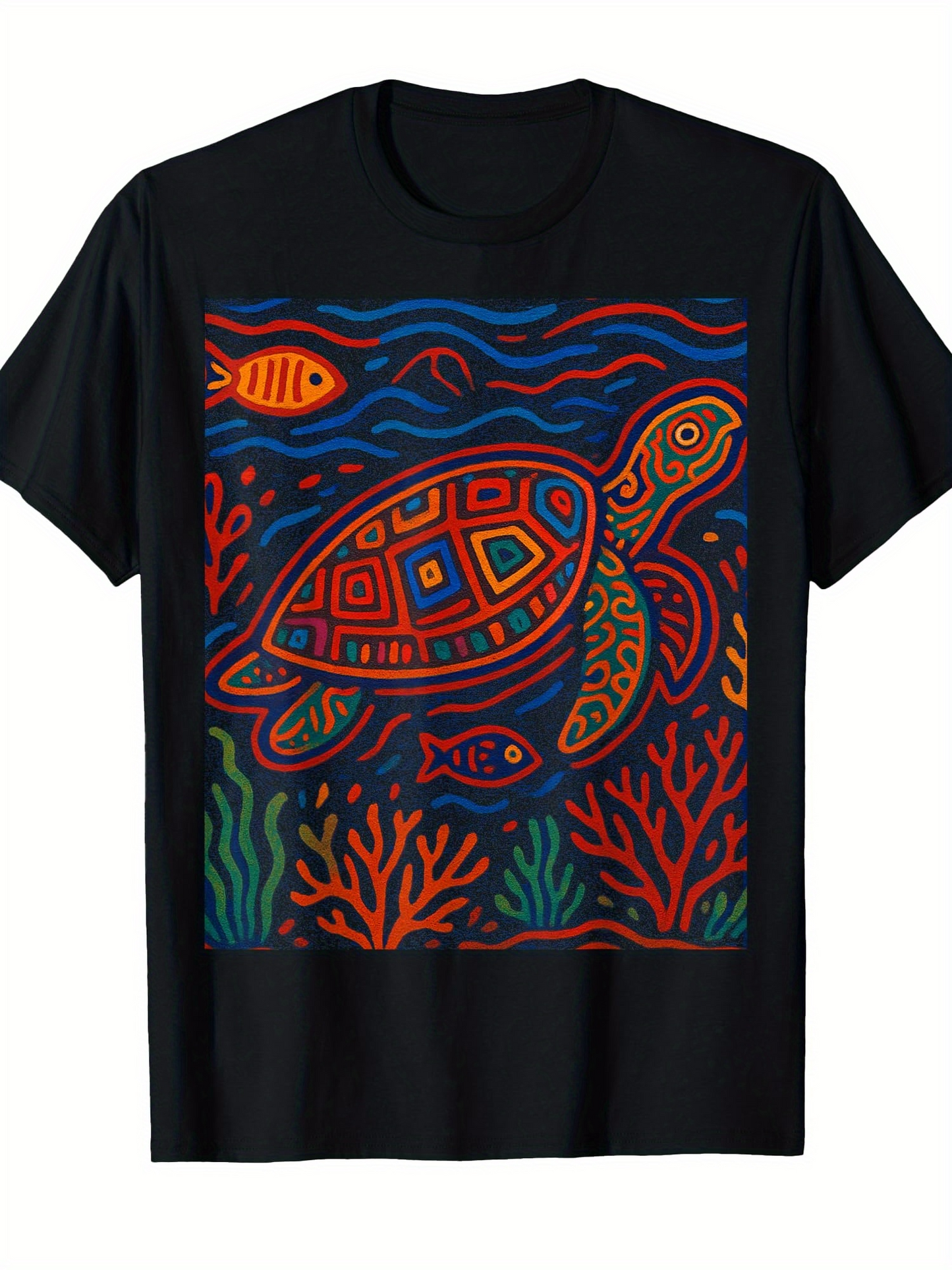 Men's Graphic T-Shirt Vivid Underwater Scene With Abstract Coral And Swimming Sea Turtle
