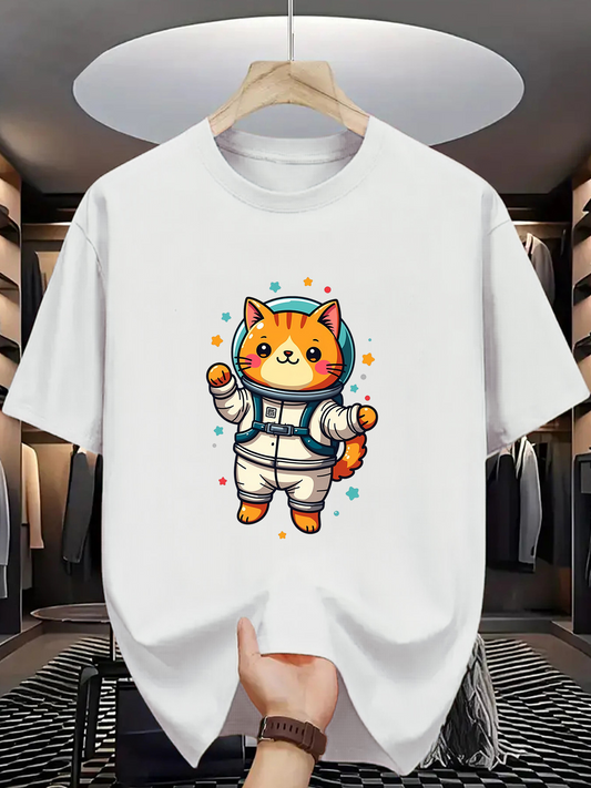 Men's Graphic T-Shirt Playful Orange Cat Wearing Cute Spacesuit With Colorful Floating Stars Astronaut Cat