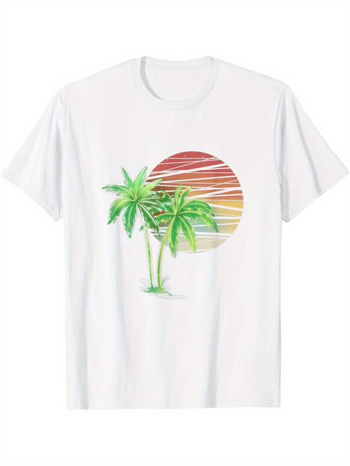 Men's Graphic T-Shirt Colorful Sunset With Gradient Stripes And Green Palm Trees