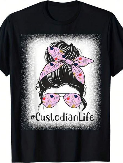 Men's Graphic T-Shirt Custodian Life Pink Polka Dotted Bandana Sunglasses Hair Bun Woman