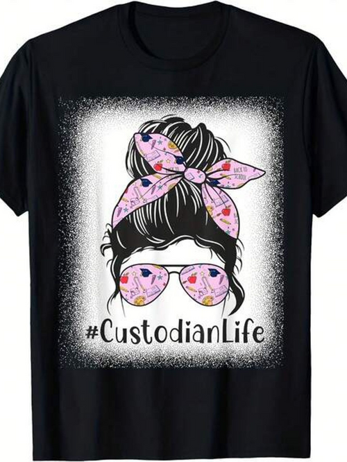 Men's Graphic T-Shirt Custodian Life Pink Polka Dotted Bandana Sunglasses Hair Bun Woman