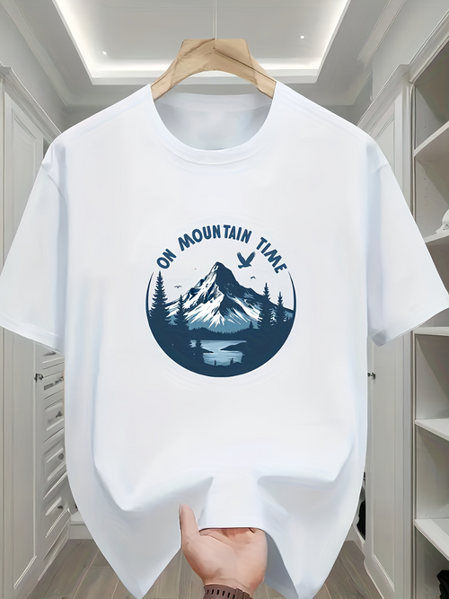 Men's Graphic T-Shirt On Mountain Time Serene Lake Reflecting Pines Snowy Peaks Mountain