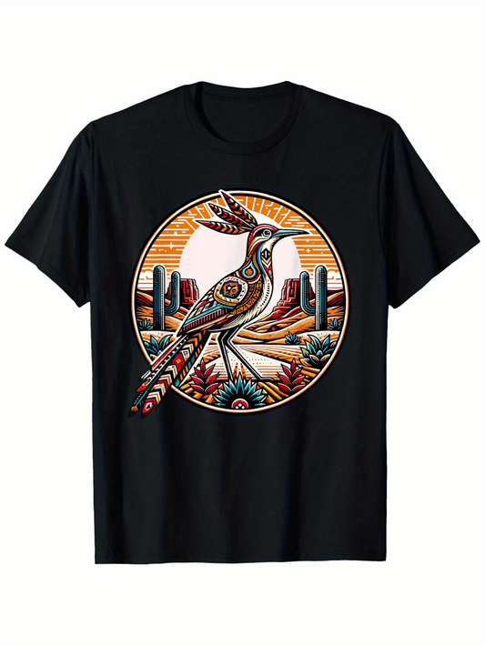 Men's Graphic T-Shirt Vibrant Sunset Desert Scene With Colorful Patterned Roadrunner Bird