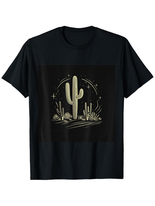 Men's Graphic T-Shirt Nighttime Desert Landscape With Stars Cactus And Flowing Sand Cactus