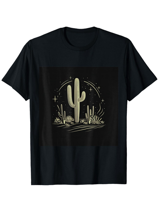 Men's Graphic T-Shirt Nighttime Desert Landscape With Stars Cactus And Flowing Sand Cactus