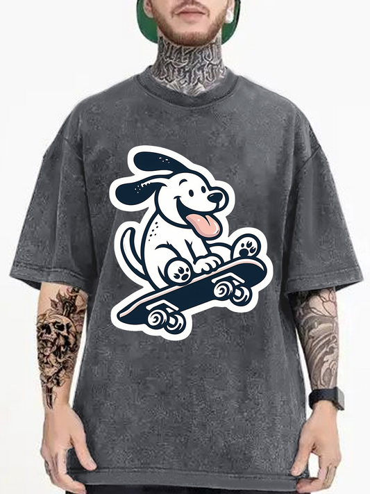 Men's Graphic T-Shirt Playful Dog Joyfully Riding On Fast Rolling Skateboard