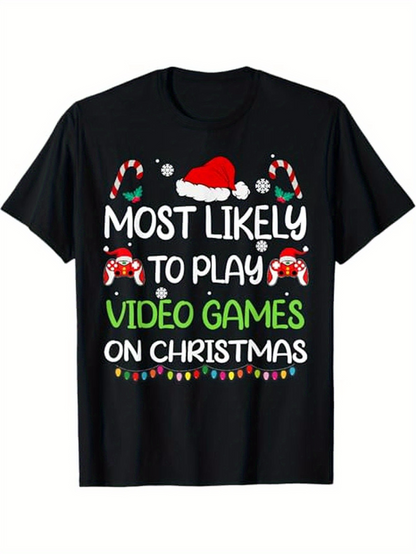 Men's Graphic T-Shirt Most Likely To Play Video Games On Christmas With Santa Hat And Candy Cane Christmas Icons