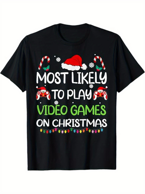 Men's Graphic T-Shirt Most Likely To Play Video Games On Christmas With Santa Hat And Candy Cane Christmas Icons