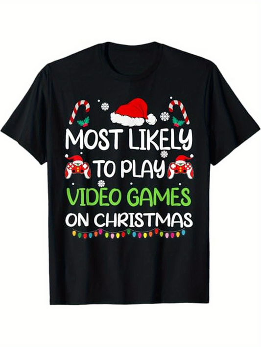 Men's Graphic T-Shirt Most Likely To Play Video Games On Christmas With Santa Hat And Candy Cane Christmas Icons