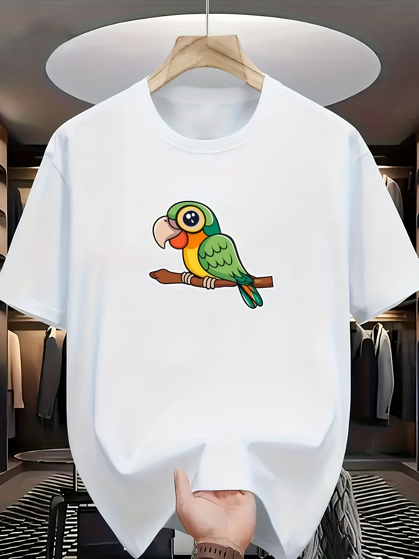 Men's Graphic T-Shirt Bright Green Parrot Perched On Brown Branch Under Soft White Light Parrot