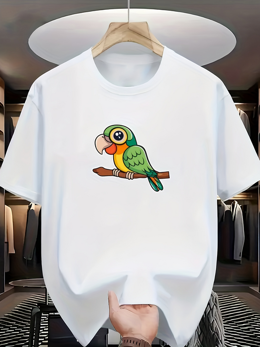 Men's Graphic T-Shirt Bright Green Parrot Perched On Brown Branch Under Soft White Light Parrot