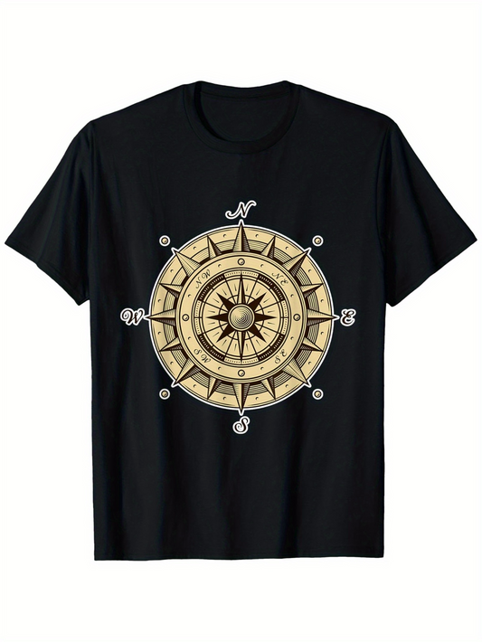 Men's Graphic T-Shirt Antique Nautical Design With Golden Compass Under Vintage Sun Compass