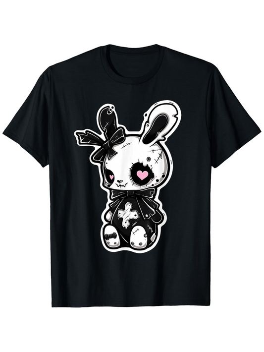 Men's Graphic T-Shirt Vintage Style Distressed Plush Bunny With Pink Heart Patch Bunny
