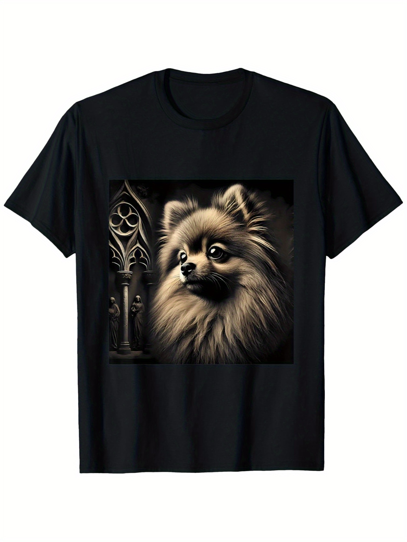 Men's Graphic T-Shirt Victorian Style Archway With Soft Light Illuminating A Fluffy Pomeranian Dog