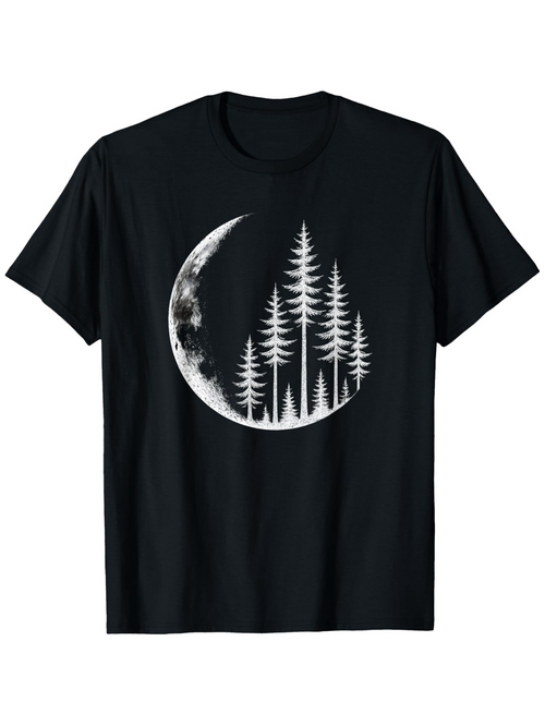 Men's Graphic T-Shirt Misty Forest Silhouette With Crescent Moon And Tall Evergreen Trees