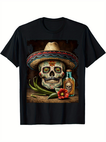Men's Graphic T-Shirt Sombrero Skull Surrounded By Tequila Bottle Peppers And Fiesta Flower