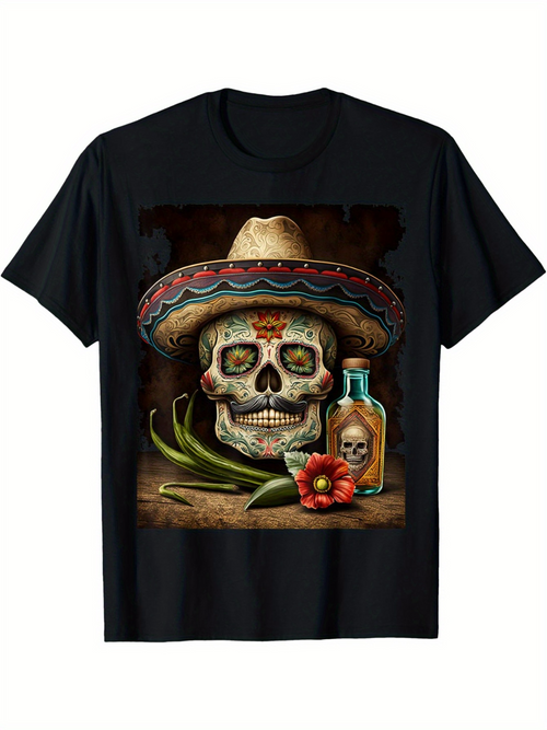 Men's Graphic T-Shirt Sombrero Skull Surrounded By Tequila Bottle Peppers And Fiesta Flower