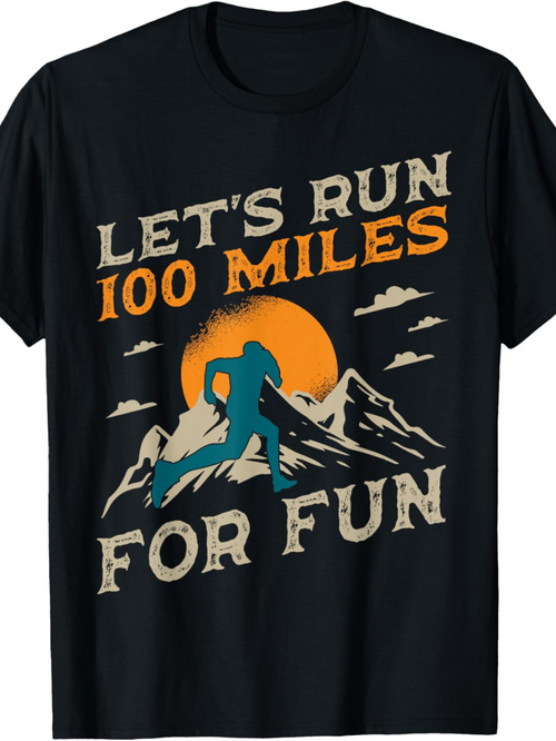 Men's Graphic T-Shirt Lets Run 100 Miles For Fun Under Orange Sunset Mountain Silhouette With Bigfoot
