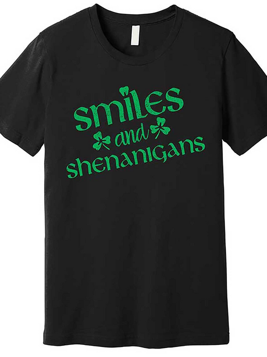 Men's Graphic T-Shirt Smiles And Shenanigans With Green Clovers Playful Lettering T Shirt