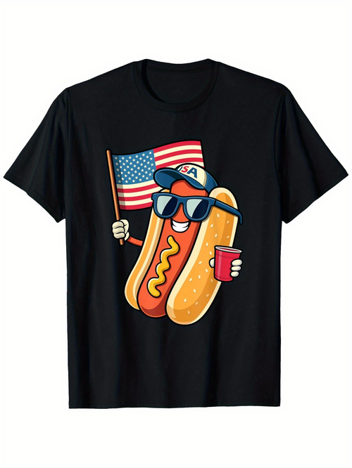 Men's Graphic T-Shirt Cartoon Hot Dog With Sunglasses Holding American Flag