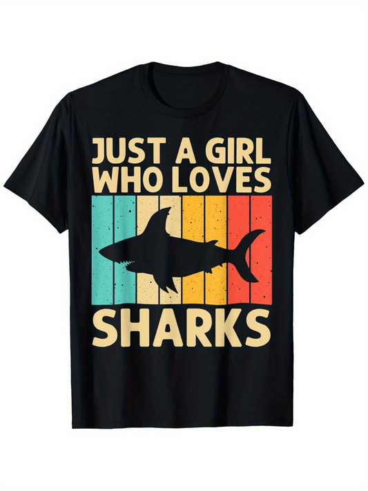 Men's Graphic T-Shirt Just A Girl Who Loves Sharks Over Vintage Colored Stripes And Shark Silhouette