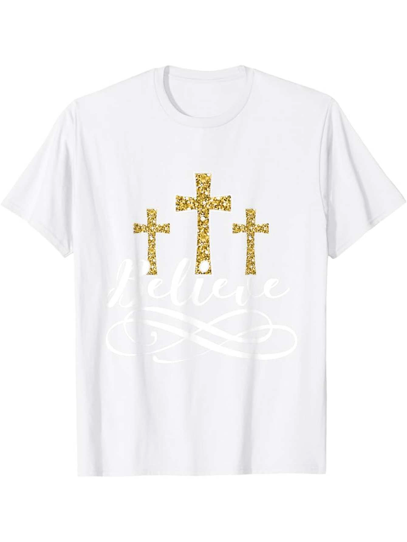 Men's Graphic T-Shirt Believe With Gold Patterned Crosses On White Shirt
