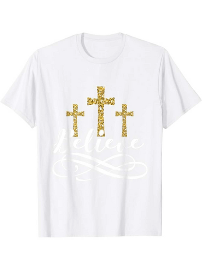 Men's Graphic T-Shirt Believe With Gold Patterned Crosses On White Shirt