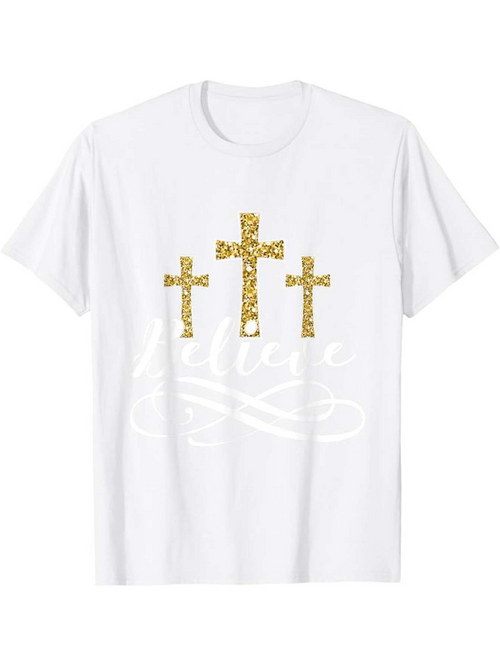 Men's Graphic T-Shirt Believe With Gold Patterned Crosses On White Shirt
