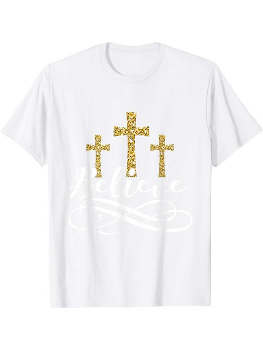 Men's Graphic T-Shirt Believe With Gold Patterned Crosses On White Shirt
