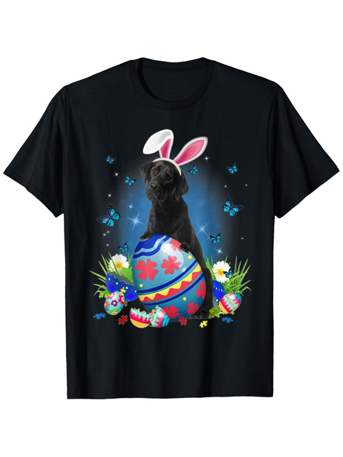 Men's Graphic T-Shirt Blue Daisies With Easter Eggs And Bunny Eared Dog