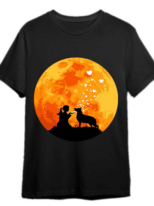 Men's Graphic T-Shirt Golden Moonlight With Girl And Dog Sharing Hearts