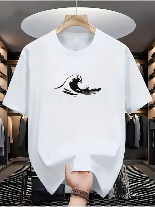 Men's Graphic T-Shirt Monochrome Ocean Wave With Dynamic Splashing Crest Graphic Wave