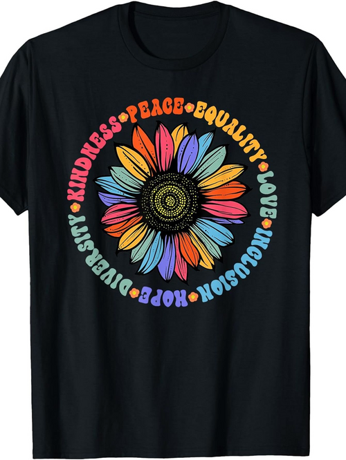 Men's Graphic T-Shirt Hope Kindness Peace Equality With Multicolored Petals Radiating Around Sunflower